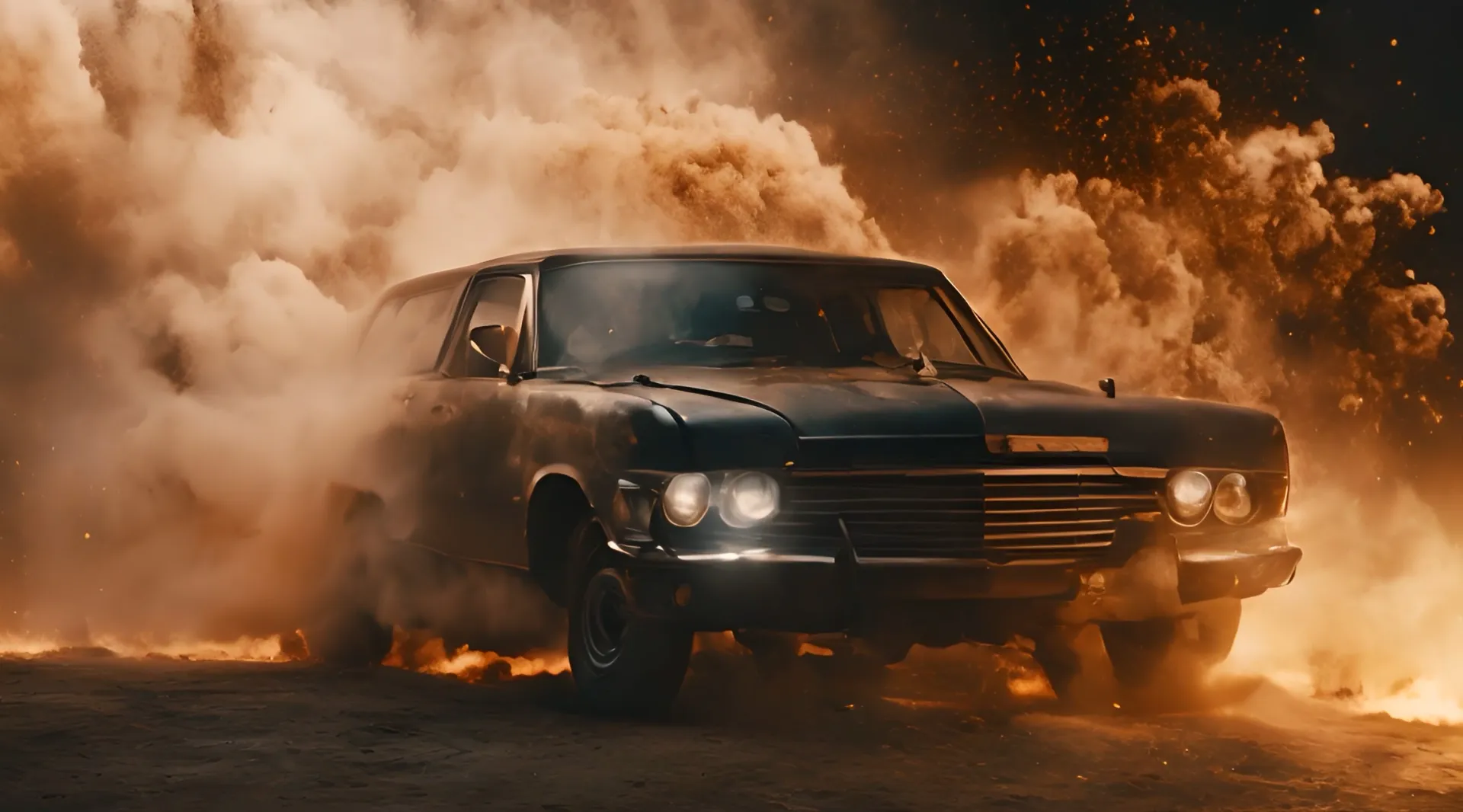 Vintage Car Amidst Flames Cinematic Stock Video